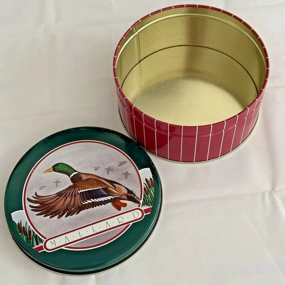 Vintage Mallard Duck Tin Metal Can Container Lid Round 6in Cookie Sewing Candy